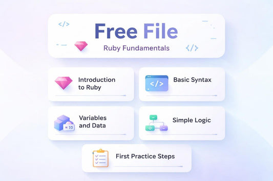 Course outline for Ruby fundamentals with icons and text on a light background