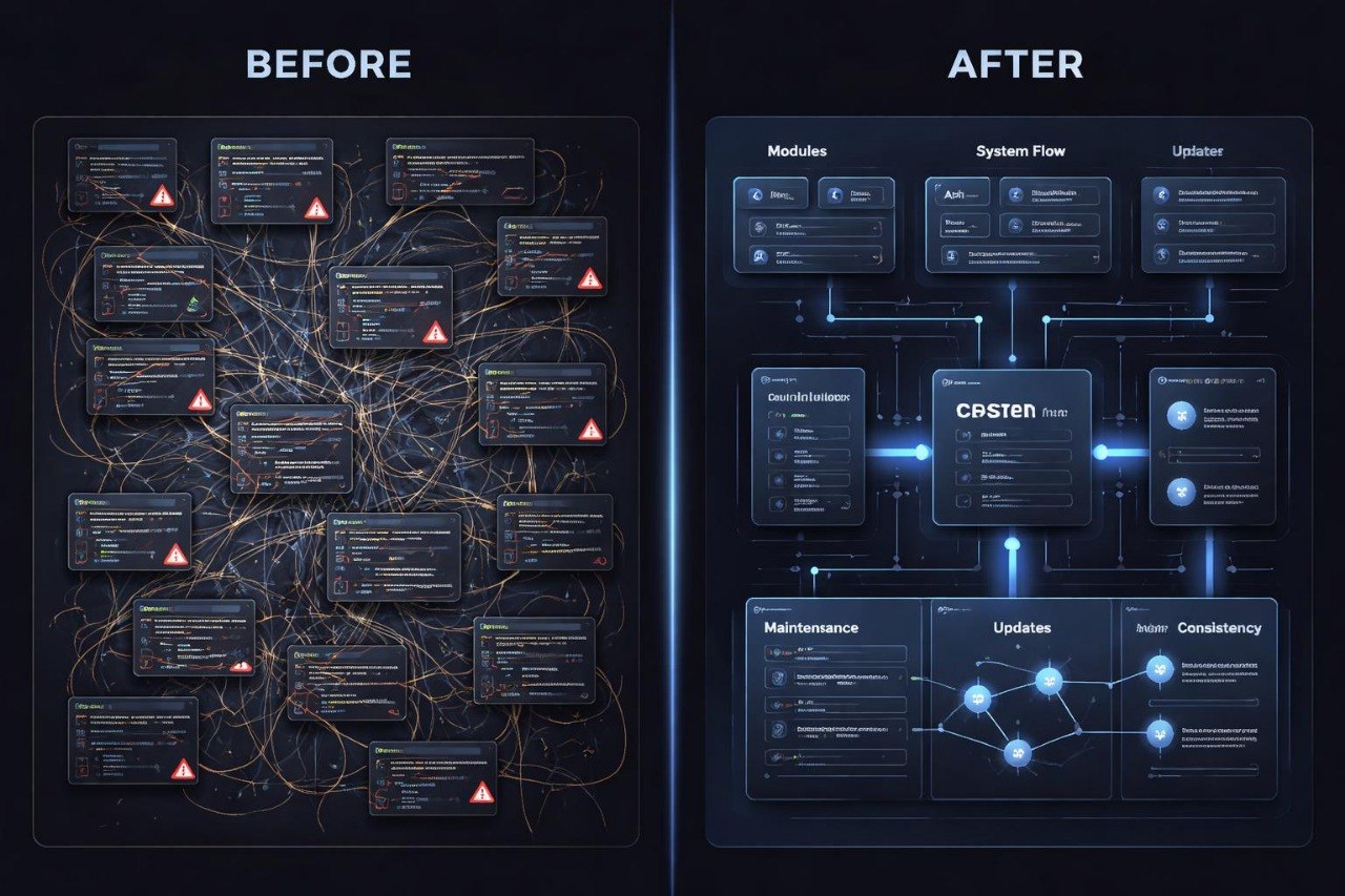 Before and after comparison of a complex system diagram on a dark background.