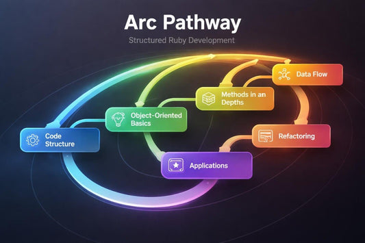 Arc Pathway diagram for Structured Ruby Development with colorful nodes on a dark background