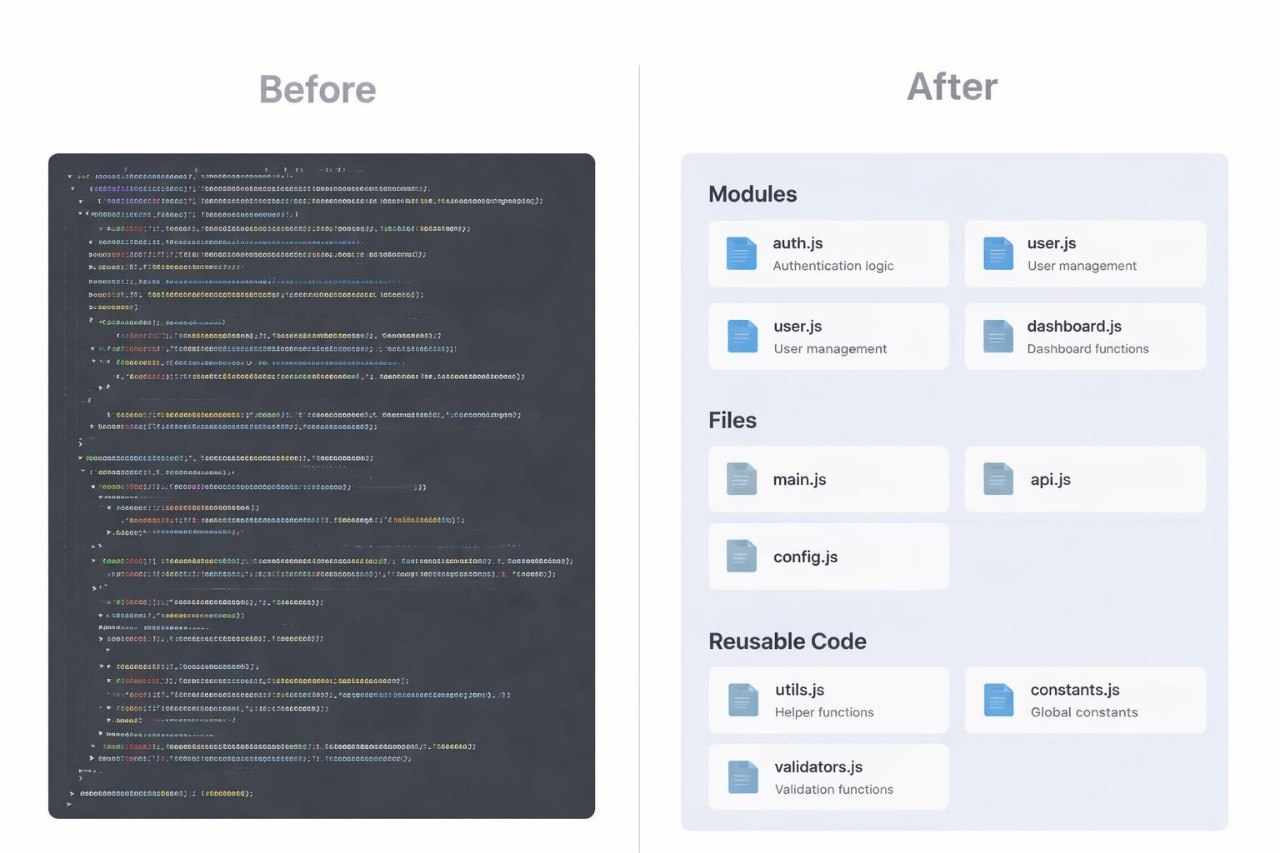 Comparison of code structure before and after refactoring into modules and files.