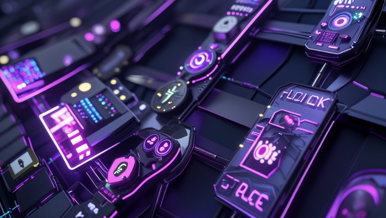 Neon-lit control panels and devices with glowing text on a dark background