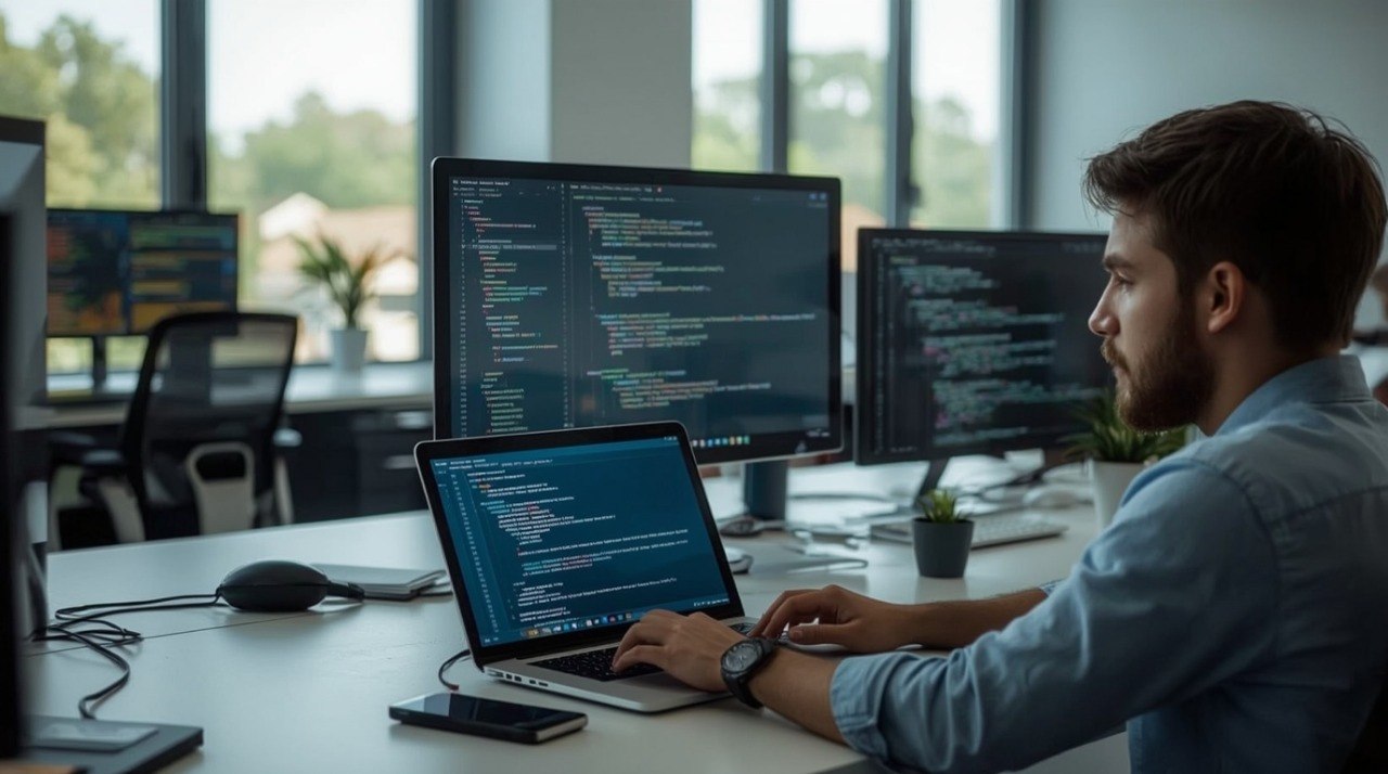 Man programming in office