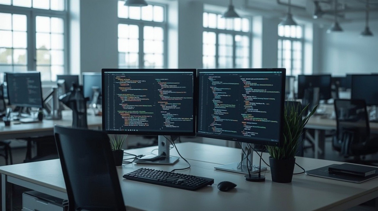 Person using a computer with dual monitors in a room with multiple desks and computers.