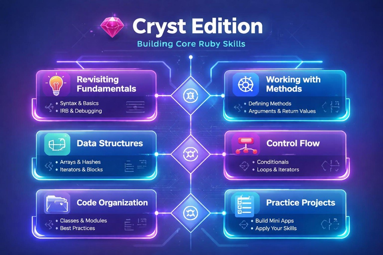 Flowchart titled 'Cryst Edition' for building core Ruby skills on a dark background with glowing text and icons.