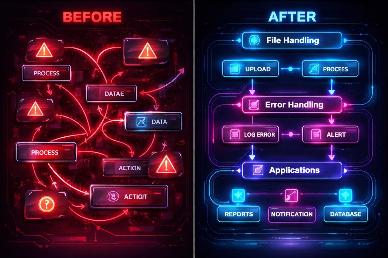 Before and after comparison of a flowchart design with neon colors on a dark background.
