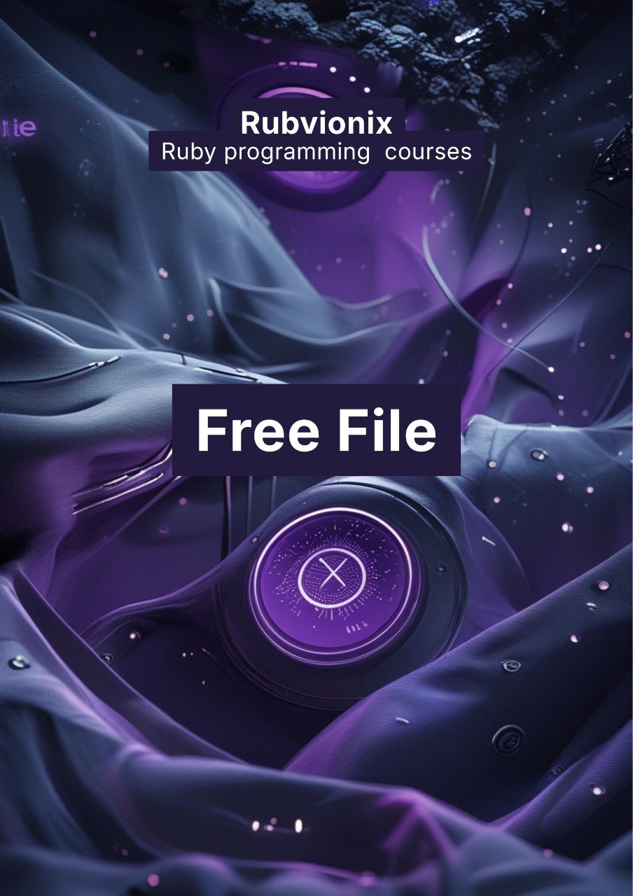 Promotional graphic for Rubvionix Ruby programming courses with a free file offer on a dark, abstract background.