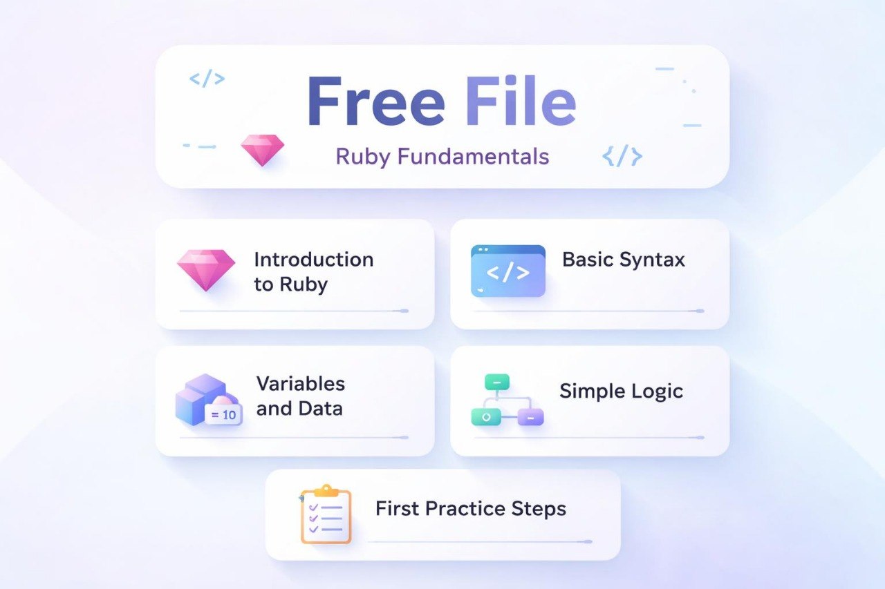 Course outline for Ruby fundamentals with icons and text on a light background