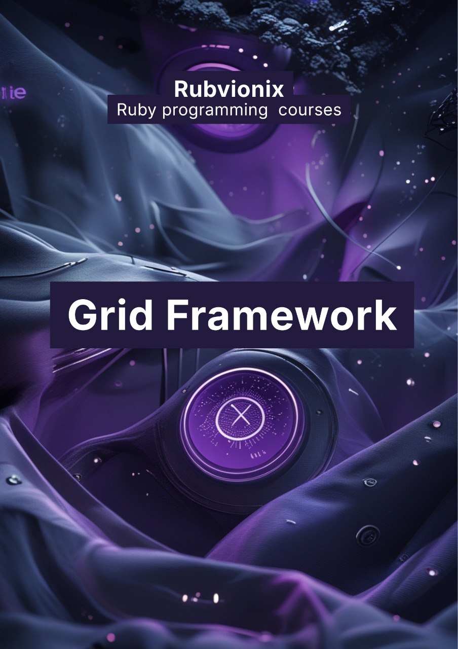 Promotional graphic for Rubvionix Ruby programming courses with a grid framework theme on a dark, space-themed background.