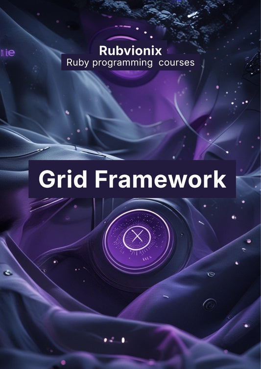Promotional graphic for Rubvionix Ruby programming courses with a grid framework theme on a dark, space-themed background.