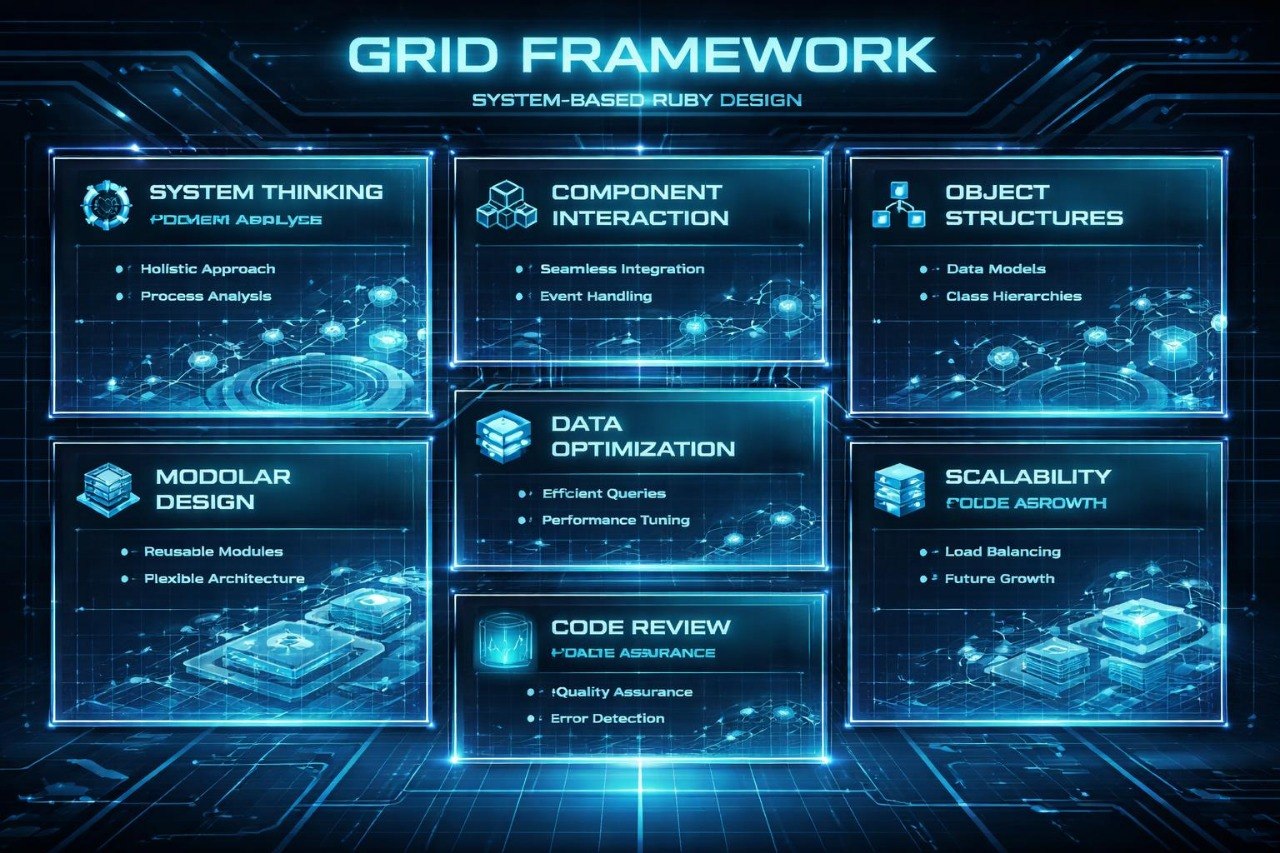 Grid framework with system-based design elements on a futuristic blue background