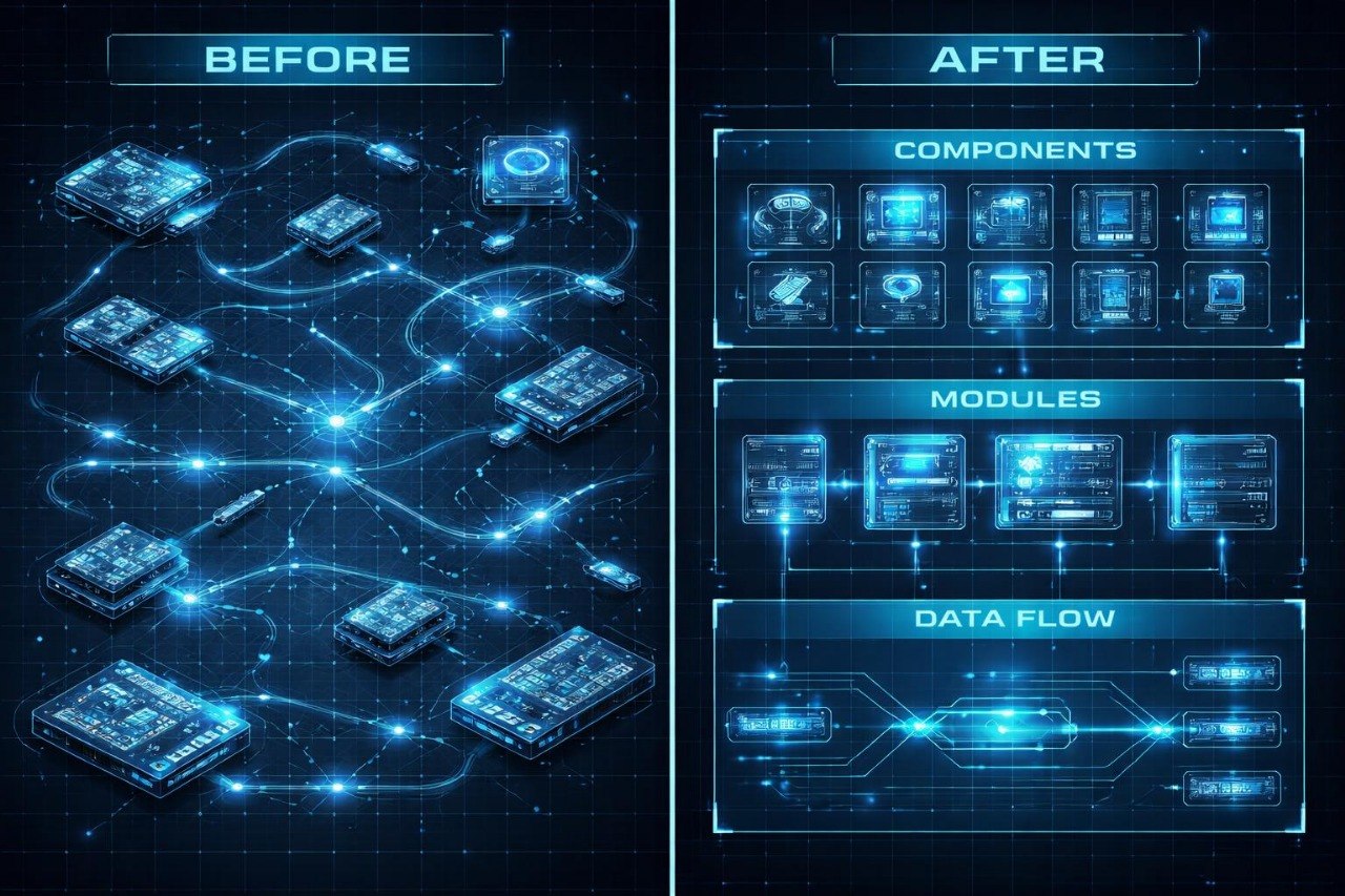 Before and after comparison of a futuristic interface design with blue glowing elements.