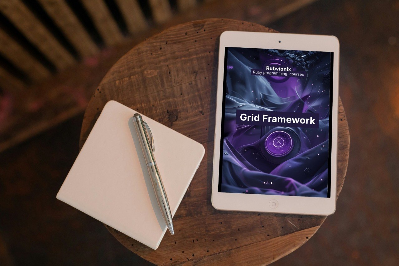 Tablet with a purple screen on a wooden table next to a notebook and pen