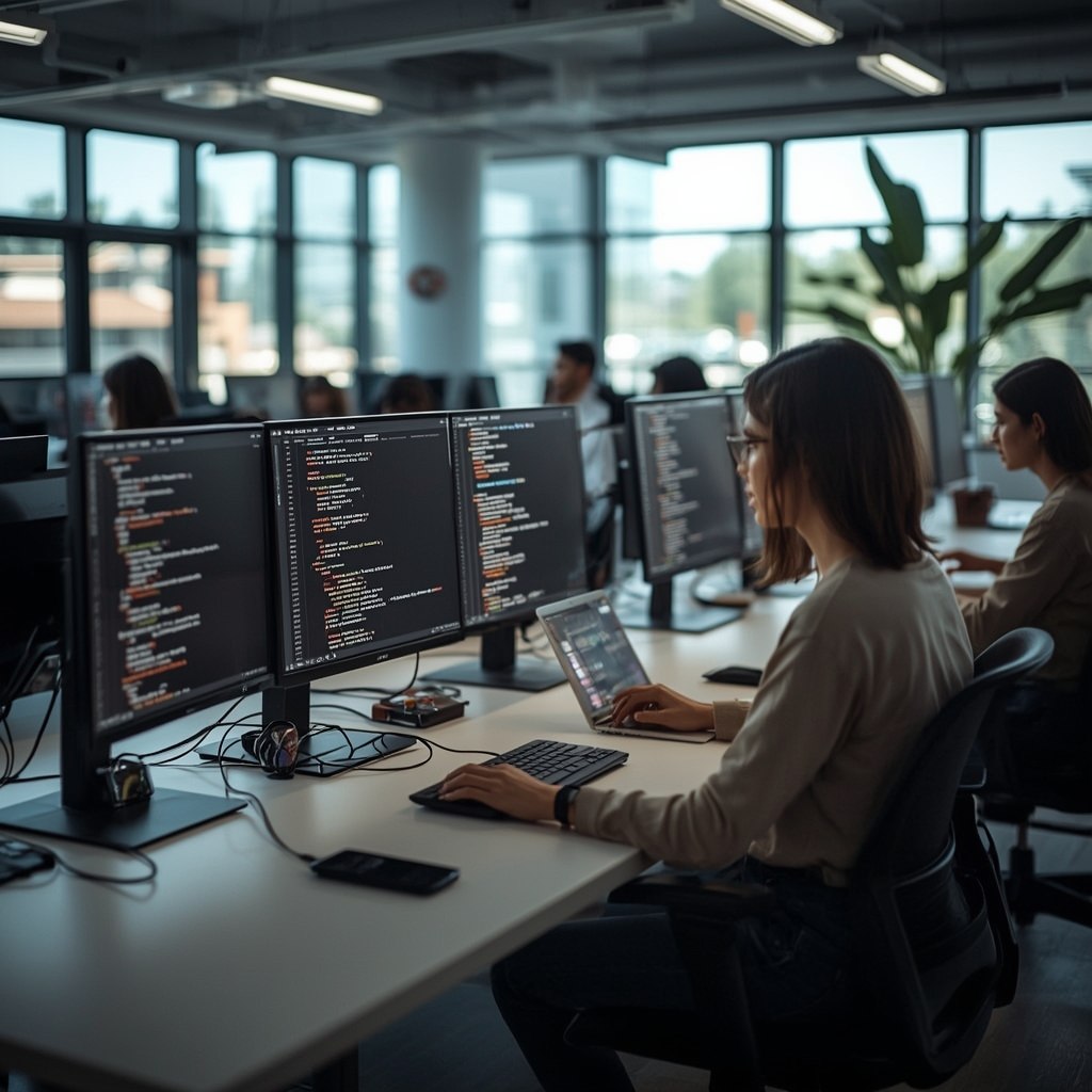 People working at computers in a modern office setting