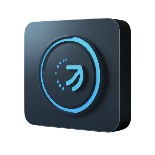 Black square device with blue circular logo on a white background