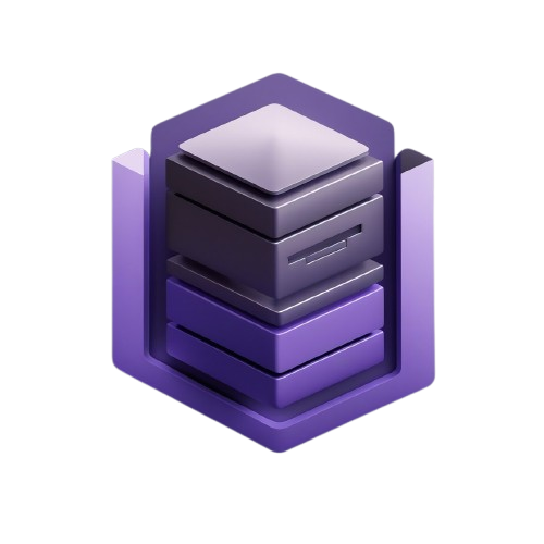 Stack of metallic boxes with a purple hexagonal frame on a white background