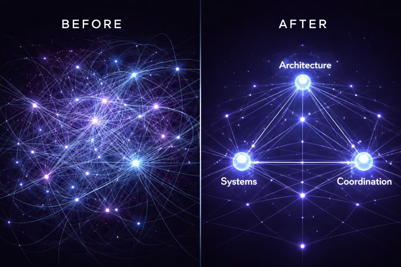 Comparison of a network diagram labeled 'Before' on the left and 'After' on the right, with a focus on architecture, systems, and coordination.