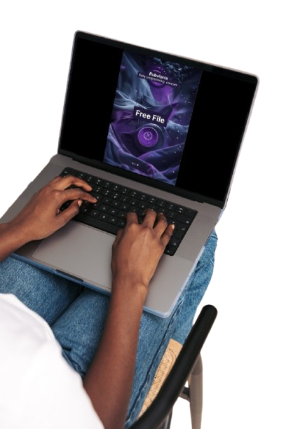 Person using a laptop with a purple screen on a white background