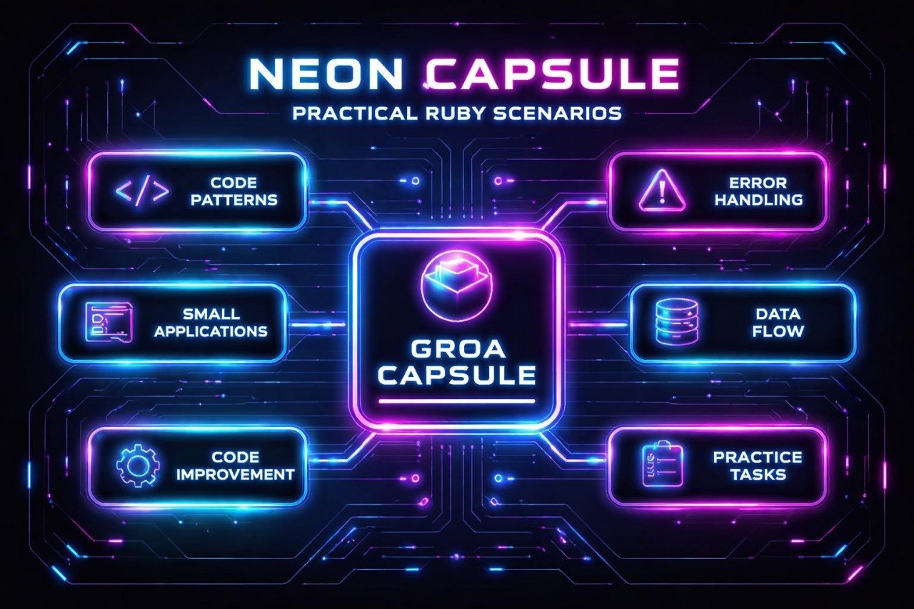Neon capsule diagram with technical terms and concepts on a dark background