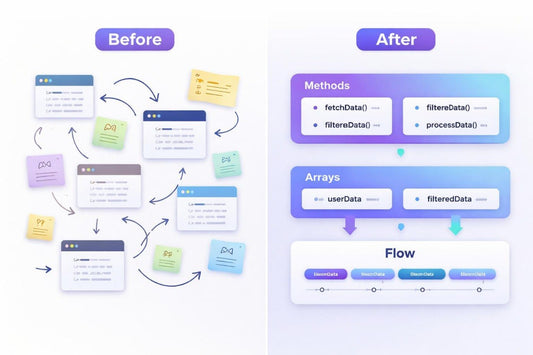 Comparison of code structure before and after refactoring with method and array labels.