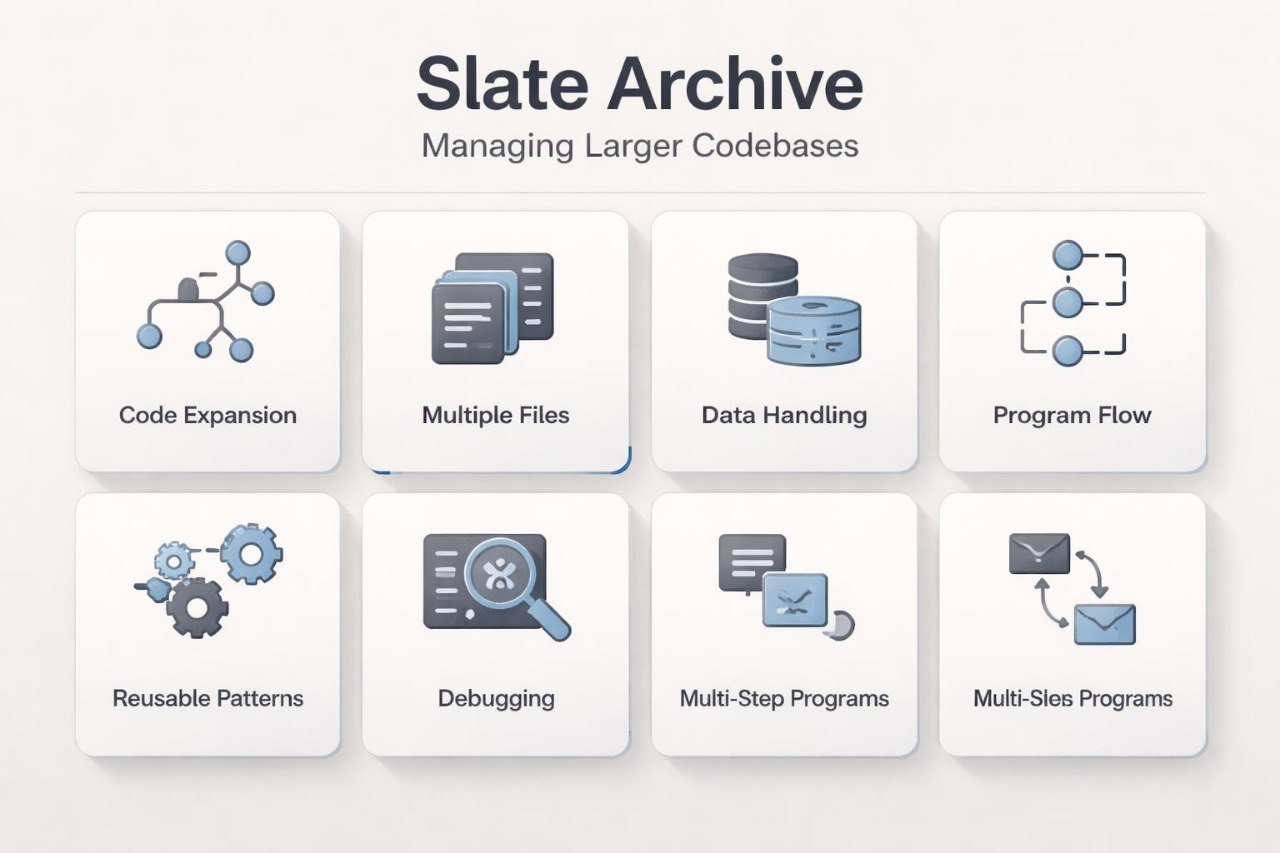 Icons representing features of Slate Archive for managing codebases on a white background.